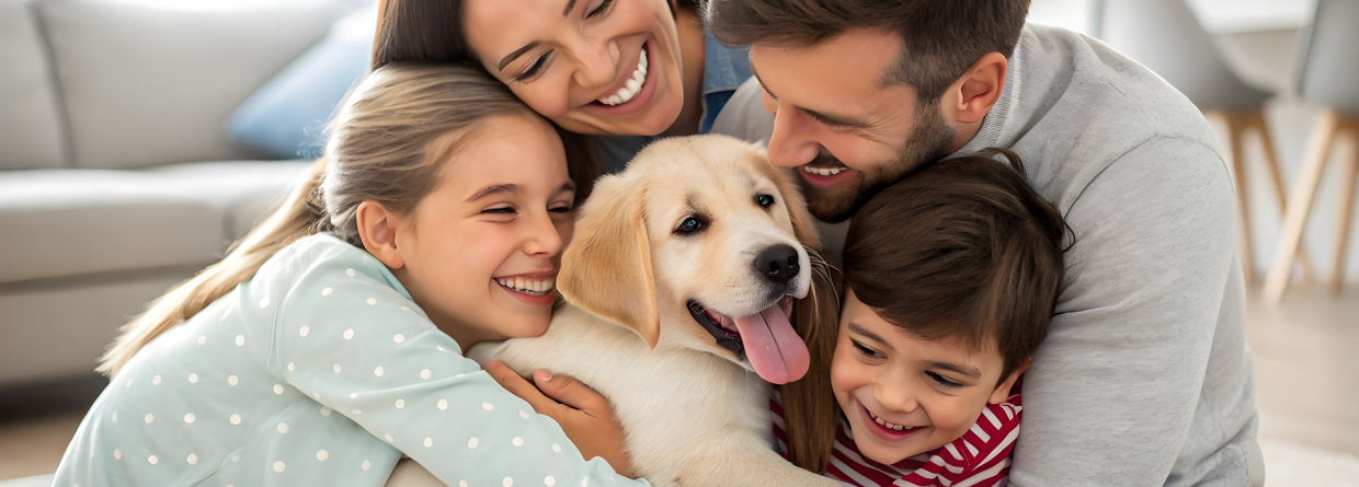 Woongenot; vrolijk gezin met hond wat elkaar knuffelt in een huis