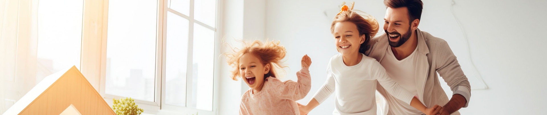 Een vader speelt met zijn kinderen in huis